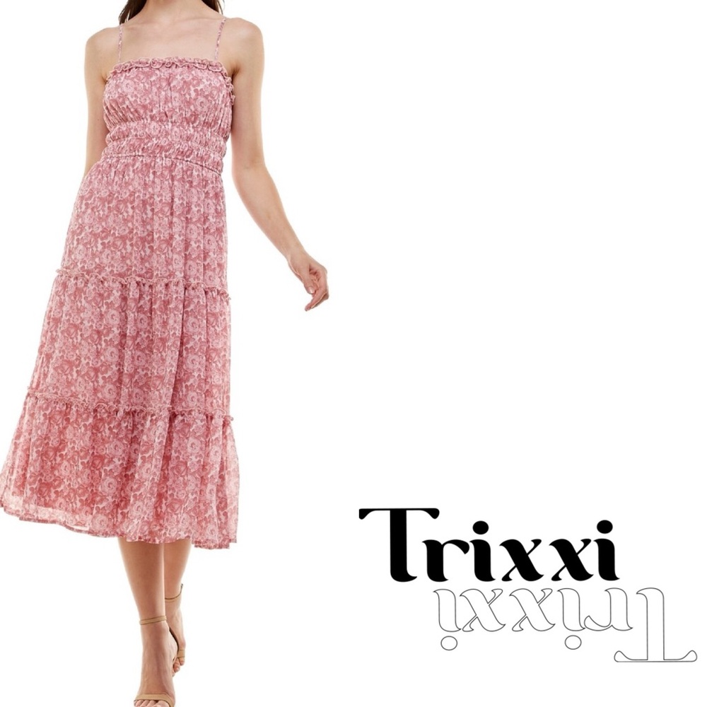 Trixxi Women's Pink Floral Smocked Waist Midi Dress Size Junior’s Large Bohemian